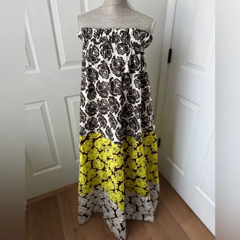TORY BURCH Madeline's Roses Strapless Long Dress | Yellow/White/Black | XL